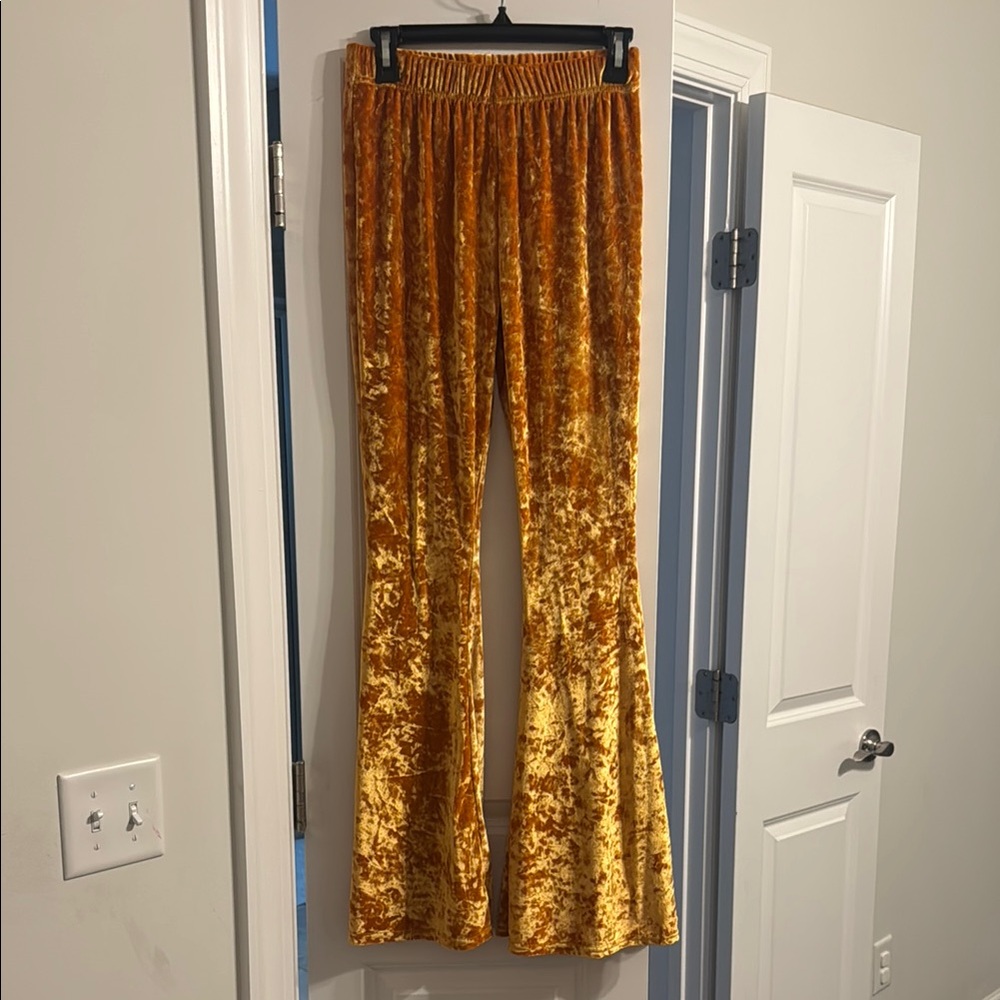 Golden Velvet Bell Bottom Flare Pants